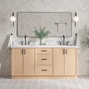 Kelly 73 in. W x 22 in. D x 36 in. H Double Sink Bath Vanity in White Oak with Italian Carrara White Marble Top