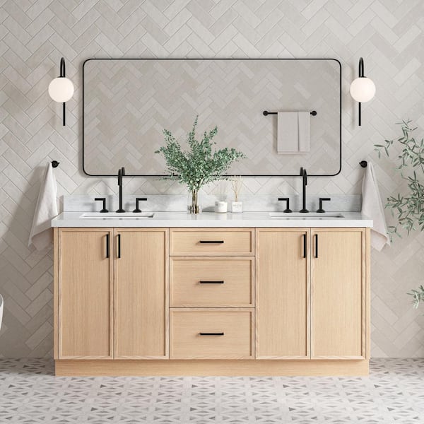 Kelly 73 in. W x 22 in. D x 36 in. H Double Sink Bath Vanity in White Oak with Italian Carrara White Marble Top