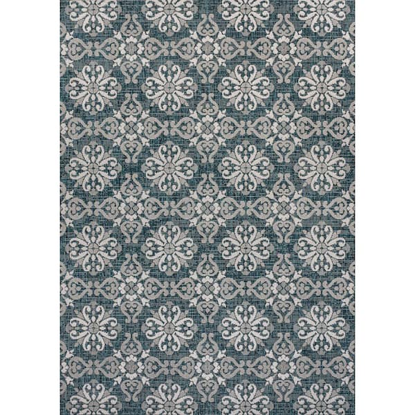 Amora Traditional Mediterranean Tile Design Turquoise/Cream 8 ft. x 10 ft. Indoor/Outdoor Area Rug