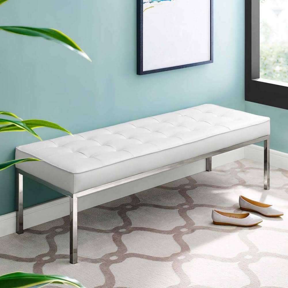 White Vegan Leather Tufted Bench with Stainless Steel Legs