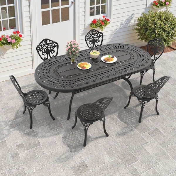 Orchid Black 7-Piece of Cast Aluminum Outdoor Patio Dining Set with 81.89 in. x 41.34 in. Oval Table and Armless Chairs