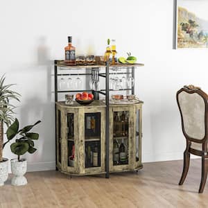 Taupe MDF 19 in. Sideboards Corner Bar Cabinet Industrial Liquor Wine Cabinet with Glass Holder and Mesh Doors