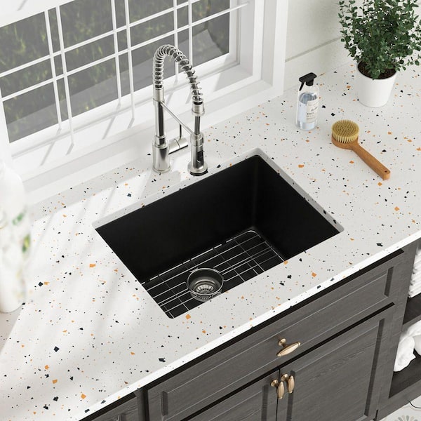 24 in. Undermount Single Bowl Black Quartz Kitchen Sink with Bottom Grids