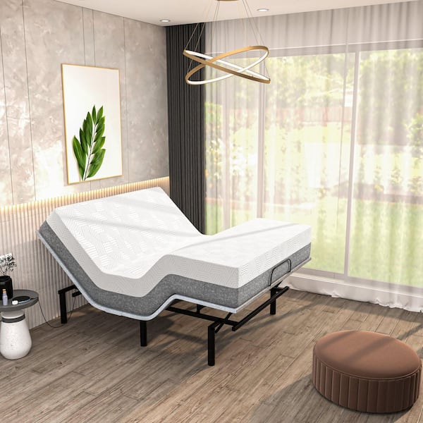 Renanim Gray California King Adjustable Bed Frame USB, Massage, Head/Foot Incline, Under Bed Light with 12 in. Hybrid Mattress