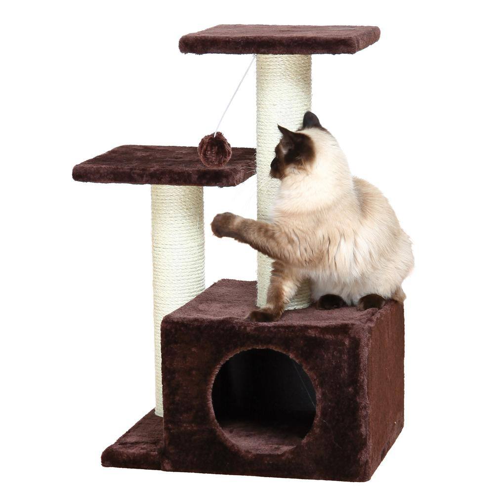 Brown Sisal and Plush 28" Freestanding Cat Tree with Condo and Perches