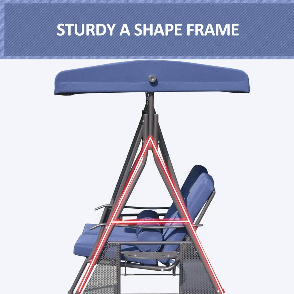 Dark Blue Metal 2-Person Patio Swing Chair with Adjustable Canopy