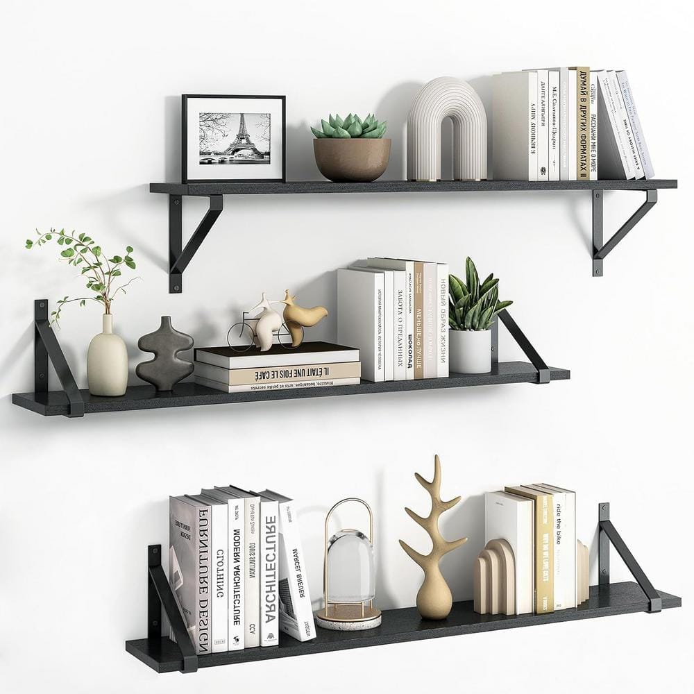 Cubilan 35.4 in. W x 5.9 in. D Black Decorative Wall Shelf, Set of 3 ...