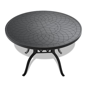 47.24 in. Round Cast Aluminum Patio Dining Table With Black Frame and Carved Texture for Backyard, Balcony and Poolside