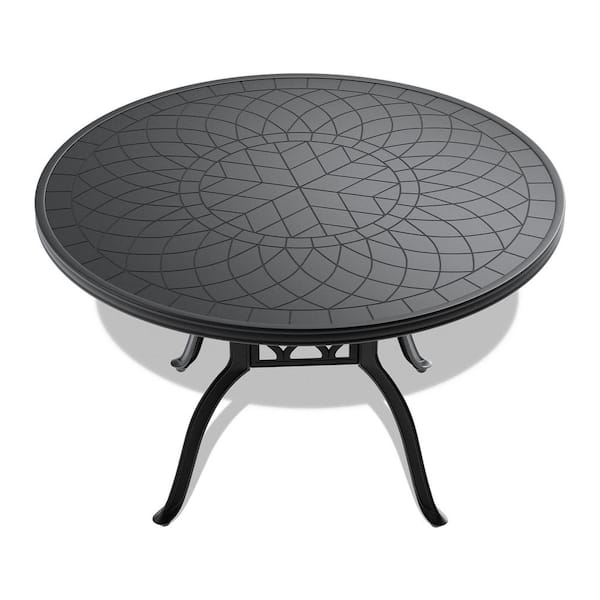 Zeus & Ruta 47.24 in. Round Cast Aluminum Patio Dining Table With Black Frame and Carved Texture for Backyard, Balcony and Poolside