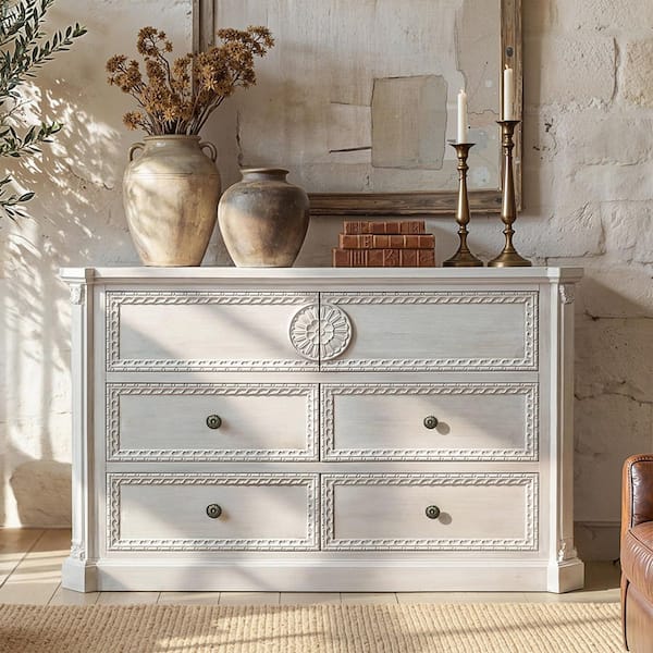 White Washed Solid Wood 6-Drawer 47.2 in. Chest of Drawers with Decorative Carving, Fully Assembled