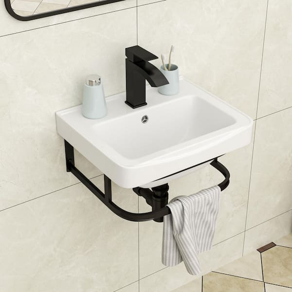 17 in. x 14 in. Ceramic White Rectangular Wall-Mount Bathroom Sink with Matte Black Faucet and Towel Rack