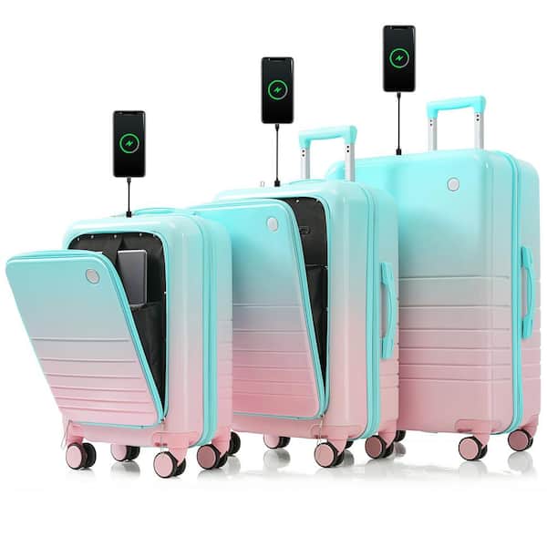 Merax 3-Piece Light Blue ABS+PC Spinner Luggage Set with Front Opening Design(20 in. +24 in.), USB Ports, Cup Holders, Hooks