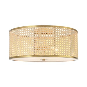 Kegley 17.7 in. 4-Light Gold Modern Boho Cylinder Drum Dome Flush Mount Ceiling Light with Handwoven Rattan Shade