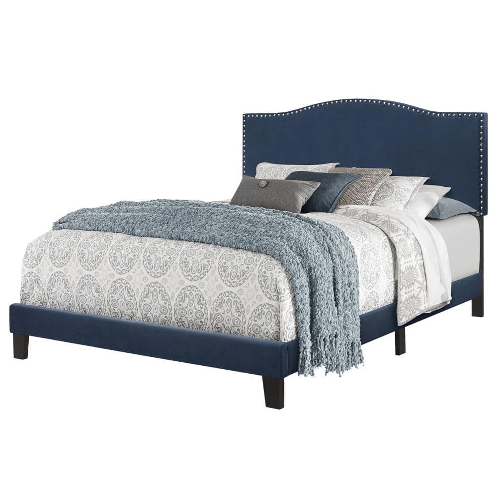 Queen Blue Velvet Upholstered Bed with Nailhead Trim