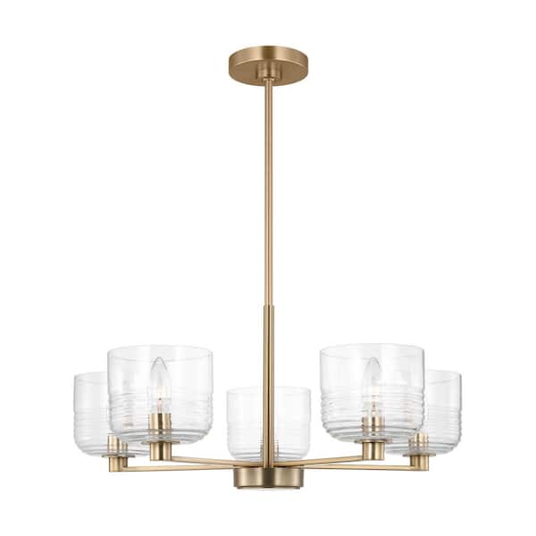 Lochdale 24 in. W x 10.25 in. H 5-Light Satin Brass Modern Chandelier with Clear Ribbed Glass Shades