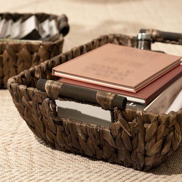 Dark Brown 15 in. x 5 in. Hand-Woven Storage Baskets with Wooden