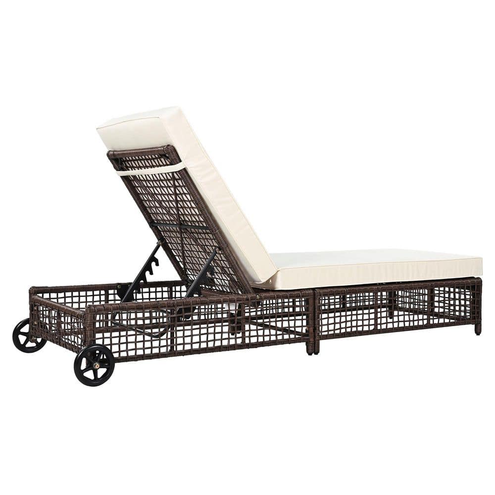 Brown Metal Outdoor Chaise Lounge with and Wheels Beige Cushions