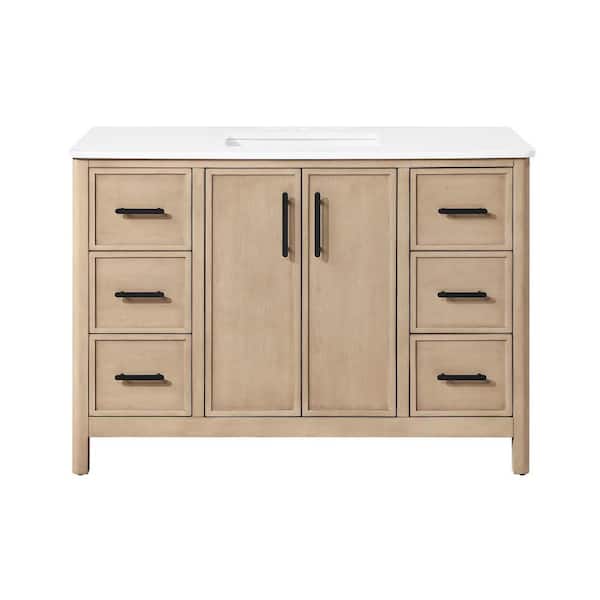 Solas 48 in. Single Sink Freestanding Sahara Birch Bath Vanity with White Engineered Stone Top