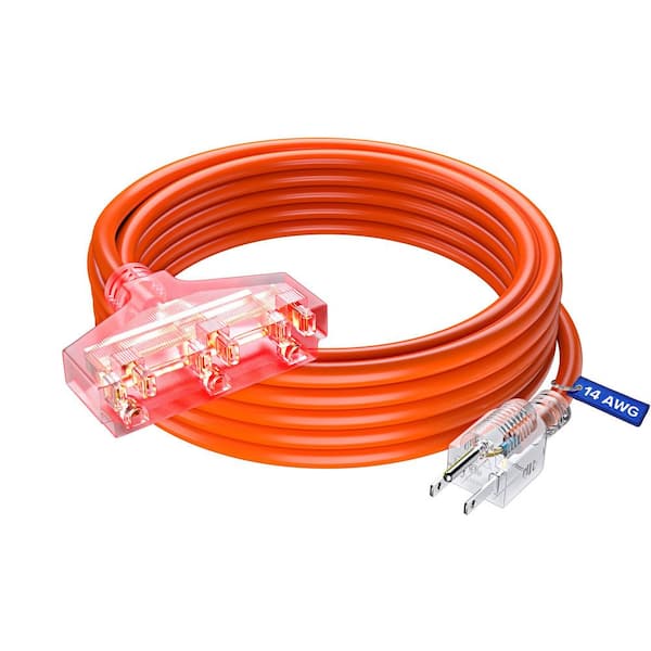 25 ft. 14 / 3 Medium / Heavy Duty Indoor T-Shaped Extension Cord 3-Outlet with Light 15 Amps Orange