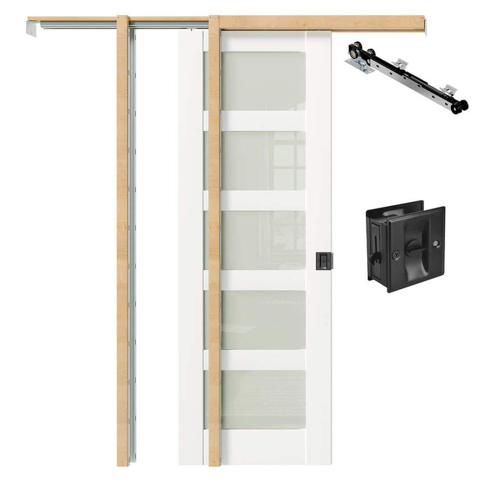 28 in. x 80 in. White Primed Wood 5 Lite Frosted Glass Sliding Pocket Door with Frame, Black Lock and Soft Close Incl price history on PriceWatchPro