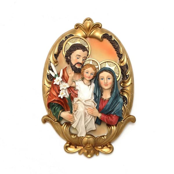 Holy Family Wall Plaque, Oval Gold Resin Religious Decor Featuring Joseph, Mary and Baby Jesus