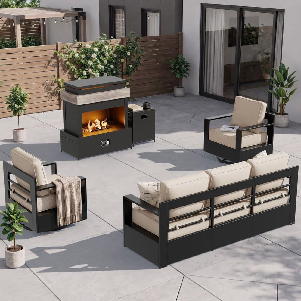 4-Piece Aluminum Patio Conversation Set with Fire Pit Table, Sofa, Swivel Rocking Chairs and 6 in. Beige Cushions price history on PriceWatchPro