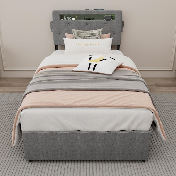 Light Gray Metal Frame Upholstered LED Headboard Twin Platform Bed with USB and 4 Under-bed Portable Storage Drawers