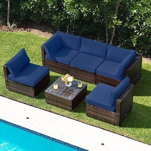 6-Piece Wicker Outdoor Sectional Conversation Furniture Set with Coffee Table & Navy Cushions