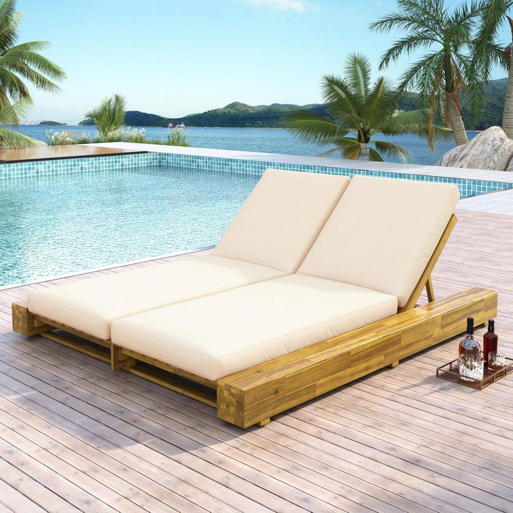 Wright Teak Finish Solid Wood Patio Outdoor Double Chaise Lounge with Cream Cushions, 4-Position Adjustable Backrest price history on PriceWatchPro