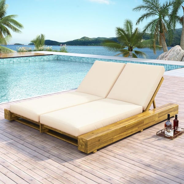 Wright Teak Finish Solid Wood Patio Outdoor Double Chaise Lounge with Cream Cushions, 4-Position Adjustable Backrest