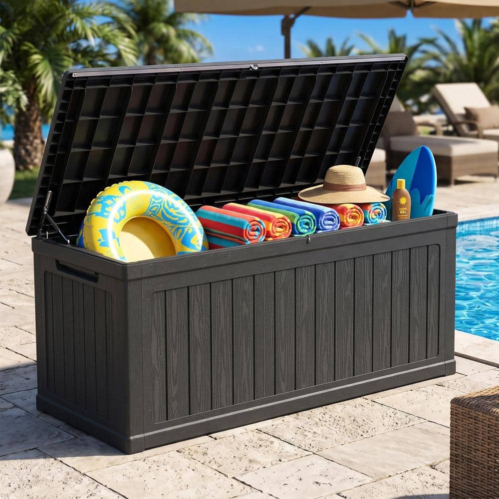 260 Gallon Outdoor Resin Black Deck Box, Waterproof Lockable Storage Box for Patio Furniture, Cushions, Garden & Pool