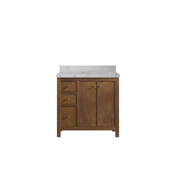 Willow Collections Chicago Teak 36 in. W x 22 in. D x 36 in. H Right Sink Bath Vanity in Dark Natural with 2" Venatino Qt. Top