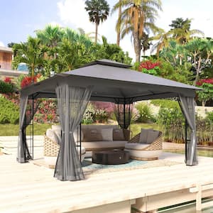 13 ft. x 11 ft. Gray 2-Tier Large Outdoor Gazebo with Zippered Netting, Built-In Ceiling Hook
