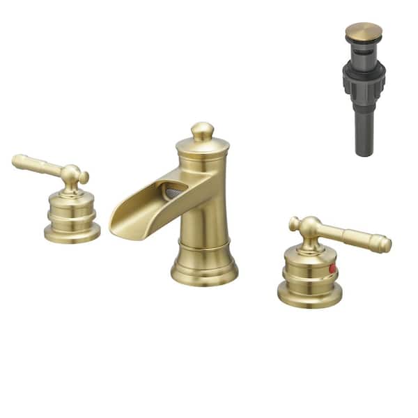 Boyel Living Classic 8 in. Widespread Double Handle Brass Bathroom Faucet with Pop Up Drain and Water Supply Hoses in Brushed Gold