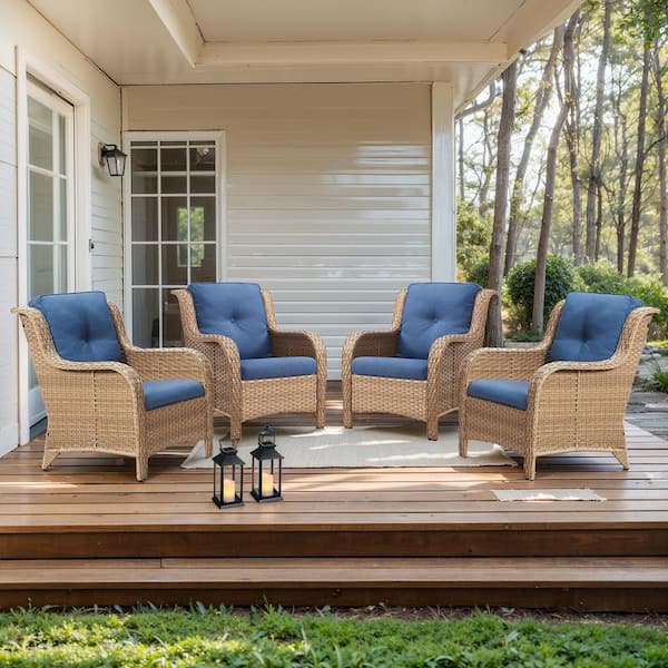 moosprr Arcline Patio Yellow Wicker Outdoor Lounge Chair with Blue Olefin Cushions and rest (4-Piece)