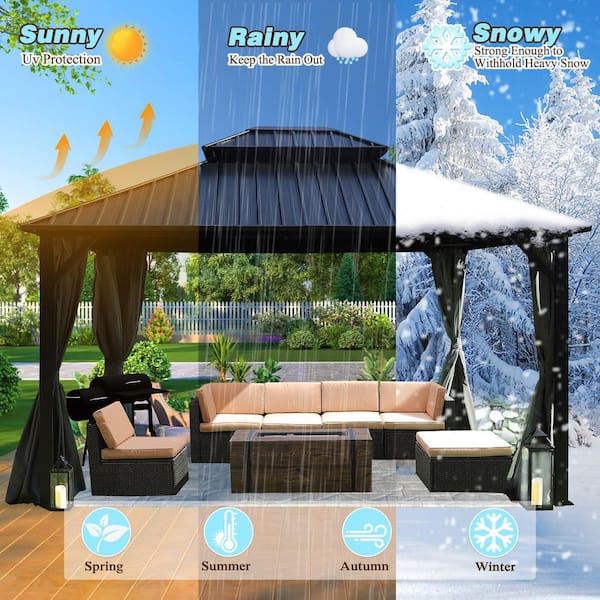 12 ft. W x 10 ft. D Hardtop Gazebo Aluminum Double Roof Metal Gazebo with Curtain and Netting