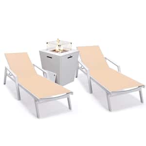 Marlin Modern White Aluminum Outdoor Chaise Lounge Chair With Arms Set of 2 and Fire Pit Table, Light Brown