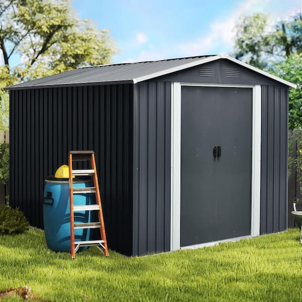 8 ft. x 10 ft. Outdoor Metal Storage Shed Garden Tool Room with Floor Base and Sliding Doors, Black (70 sq. ft.)