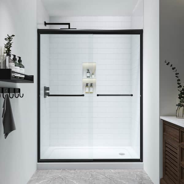 Max Installed 60in.Wx76in.H Frameless Shower Door Sliding Tub Door in Black Metal Track with Clear Tempered Glass