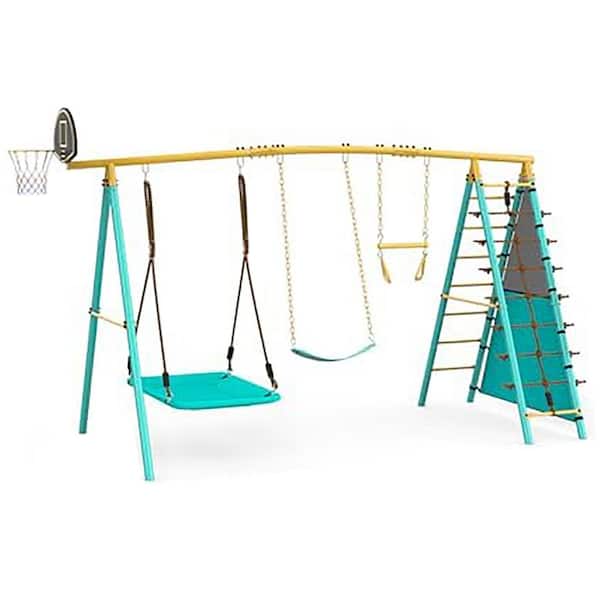Outdoor Swing Set in Multi-Color Family with 2 Swings, Climbing Ladder, Nets, Trapeze Bar, Soccer Goals and Hoop