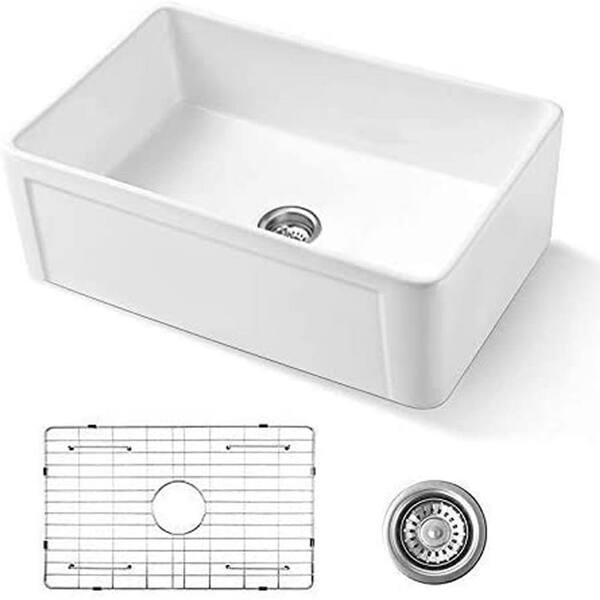 INSTER Ceramic 30 in. Single Bowl Farmhouse Apron Workstation Kitchen Sink with Bottom Grid