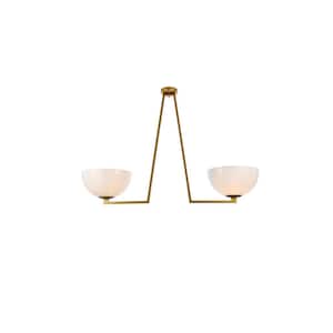 Timless Home 46.1 in. 2-Light Midcentury Modern/School House Brass and White Flush Mount with No Bulbs Included