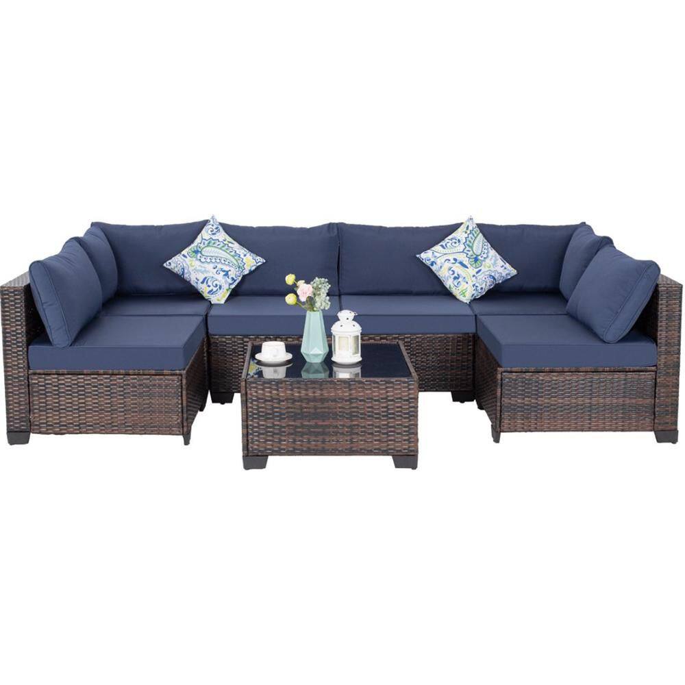 Gray Wicker 5-Piece Outdoor Sectional Set with Blue Cushions price history on PriceWatchPro