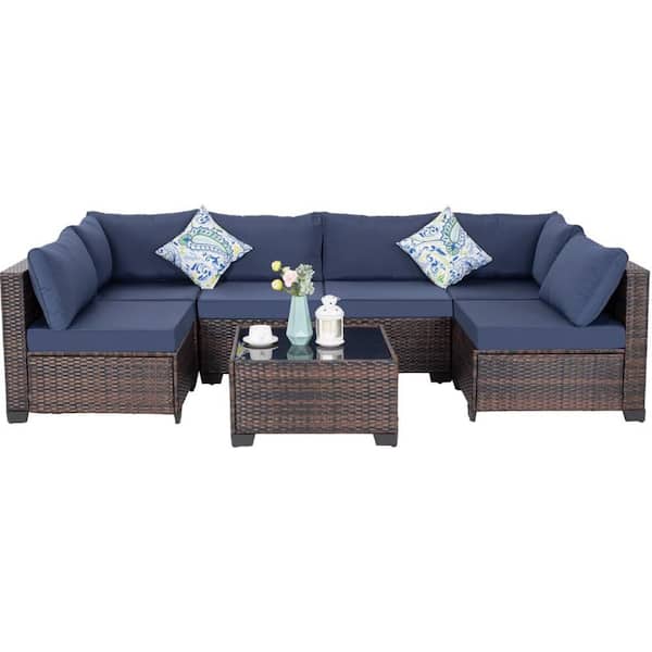 Gray Wicker 5-Piece Outdoor Sectional Set with Blue Cushions