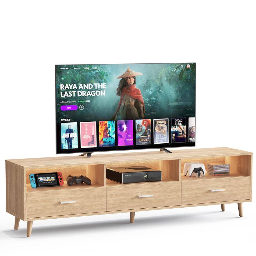 Natural 63 in. LED TV Stand TV Cabinet Modern Entertainment Center Fits TVs