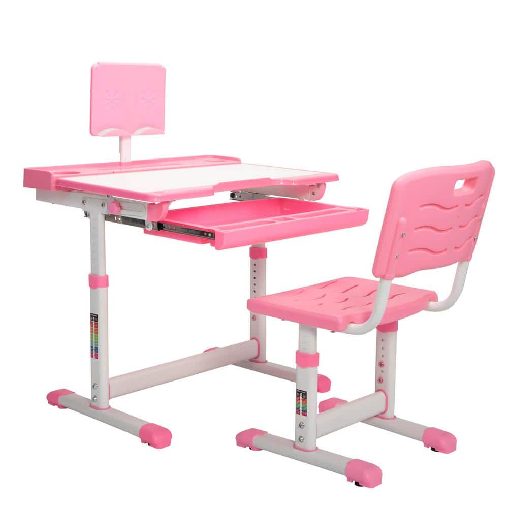 1-Piece PP Plastic Top Pink Adjustable Kid's Desk and Chair Set Study Station with Tiltable Table Top