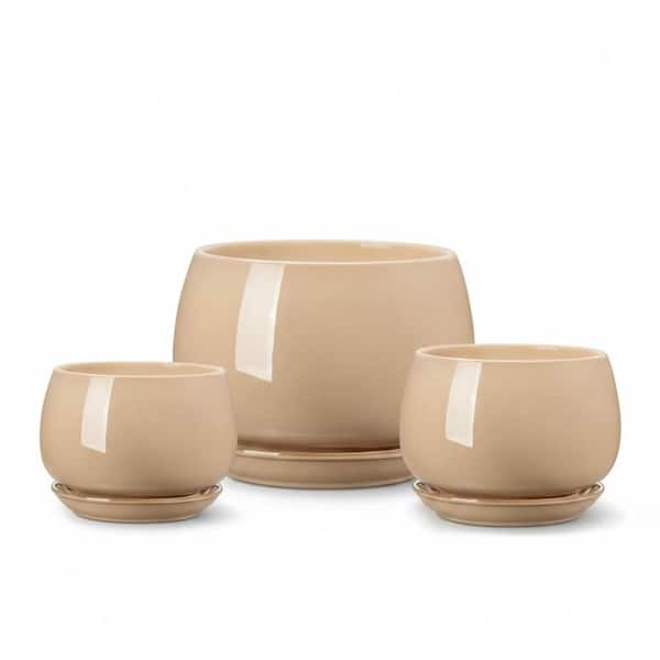 3-Pack Brown Ceramic Planters, 3.7/4.8/6.2 Inch Indoor Pots with Drainage Holes and Saucers