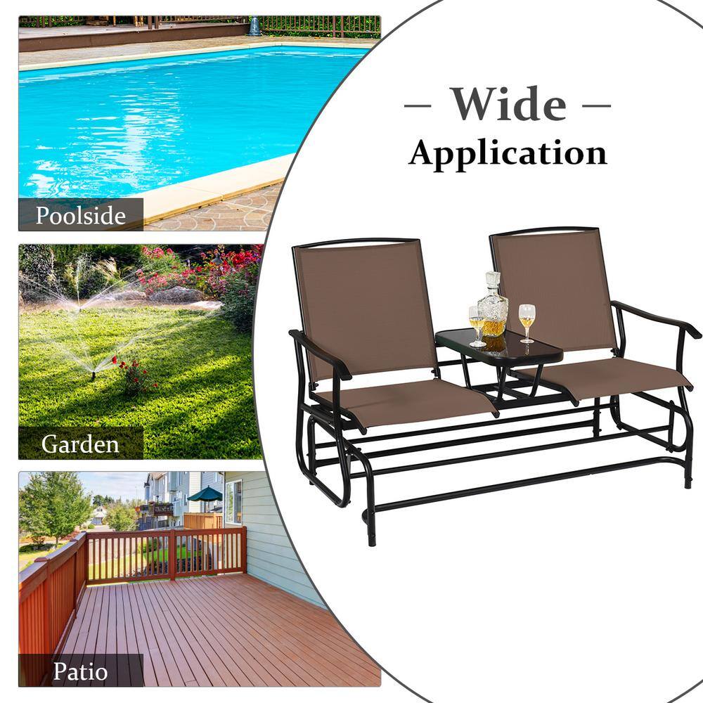 Ergonomic Steel and Glass Outdoor Double Glider Loveseat in Brown