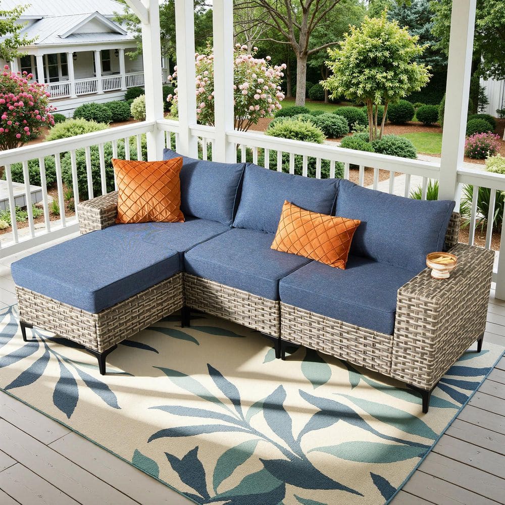 4-Piece Patio Furniture Set All-Weather Sofa Set Gray Wicker Patio Conversation Set w/ Lights Table, Denim Blue Cushion price history on PriceWatchPro