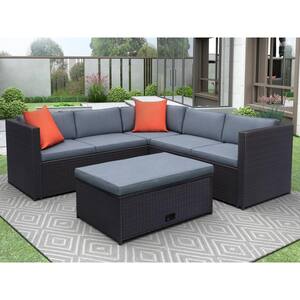 Brown Wicker Outdoor Sectional Set with Gray Cushions